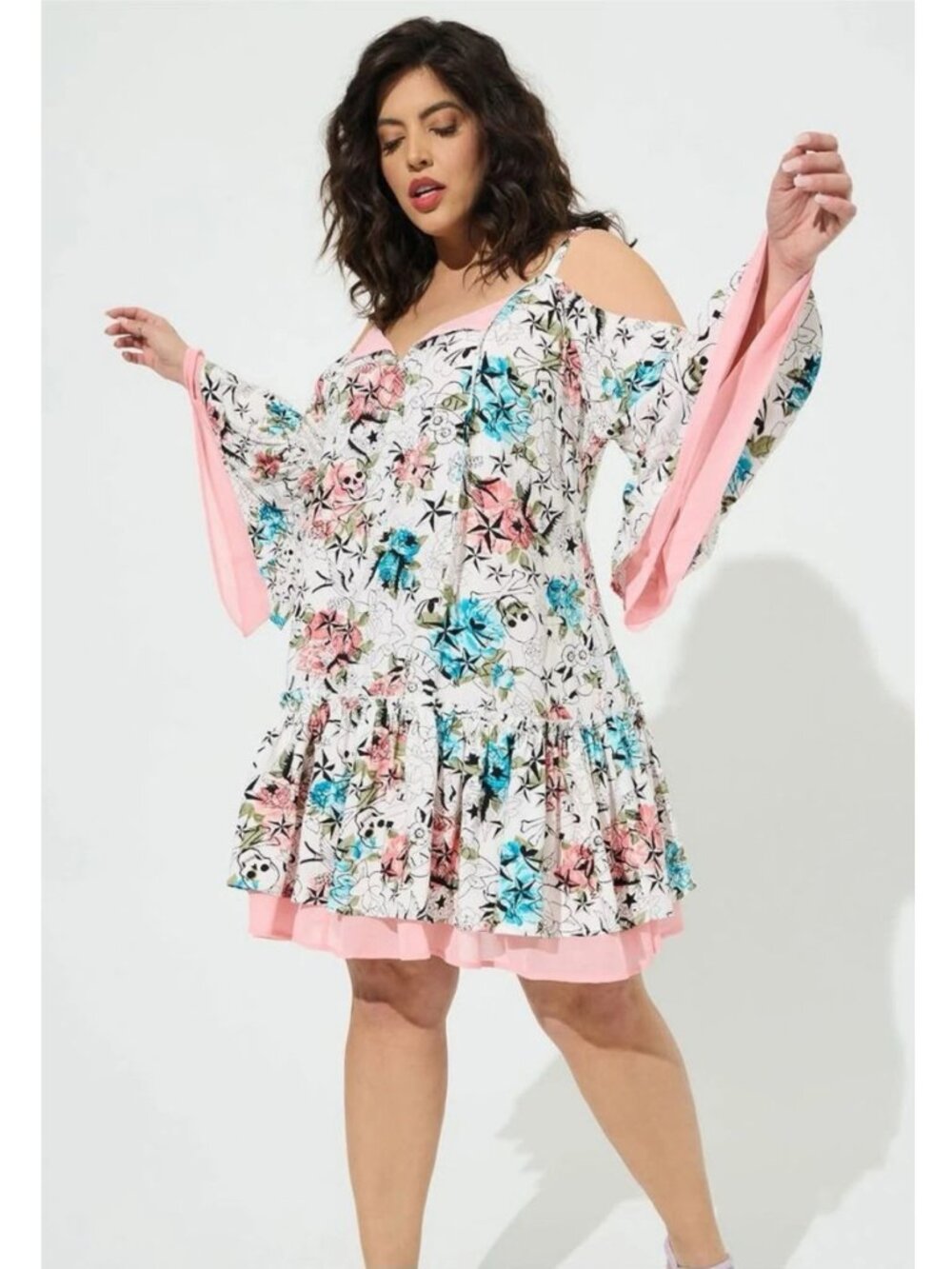 NEW Torrid 1 Betsey Johnson Mini Challis Tattoo Cold Shoulder Dress 1X 14 16